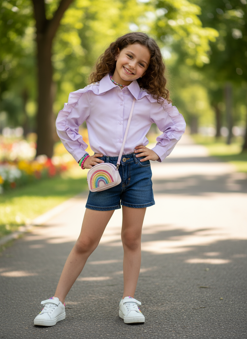 Chemise fille boutonnée à bande volante