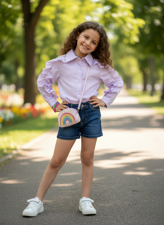 Chemise fille boutonnée à bande volante