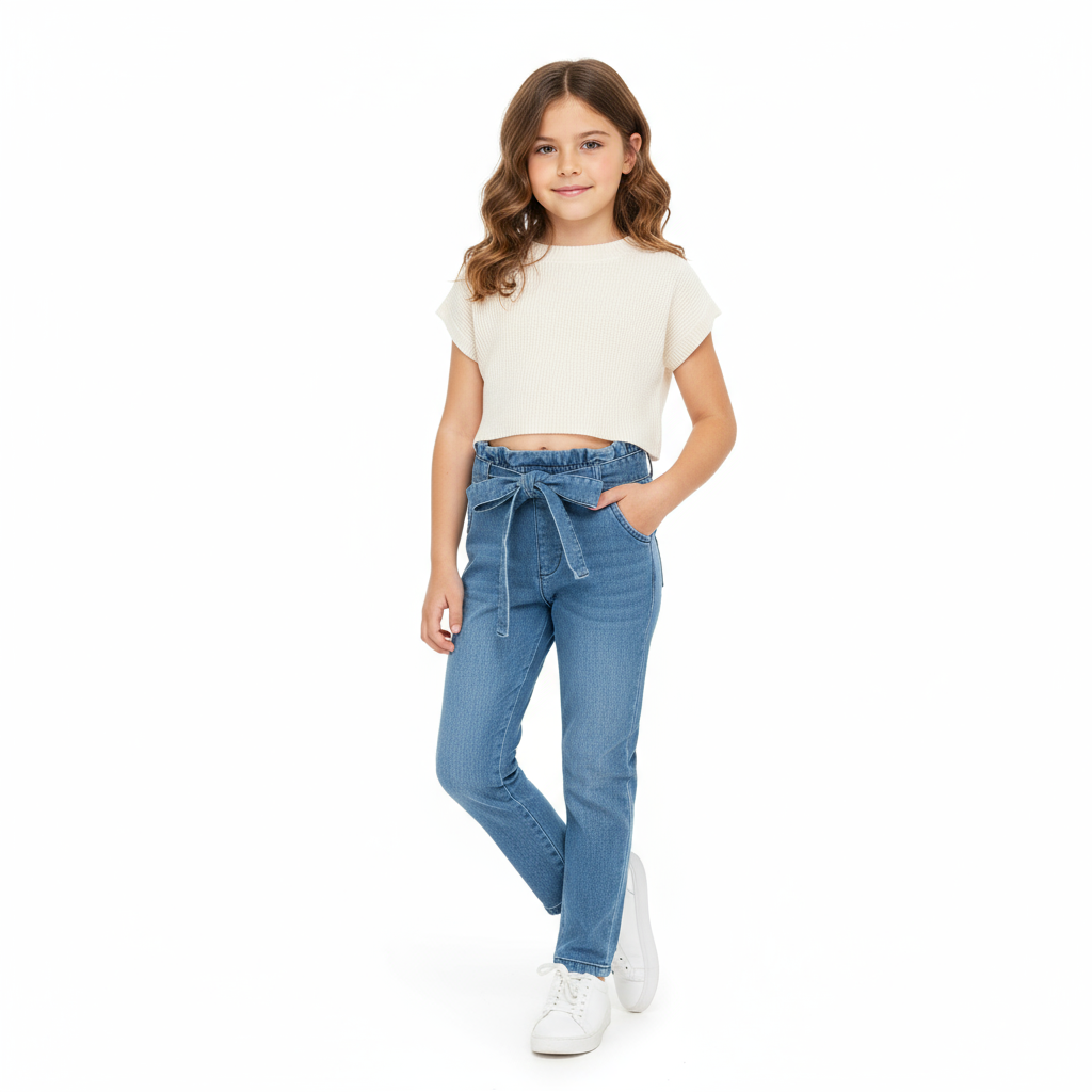 Pantalon Jean fille taille haute Mom cintré avec ceinture