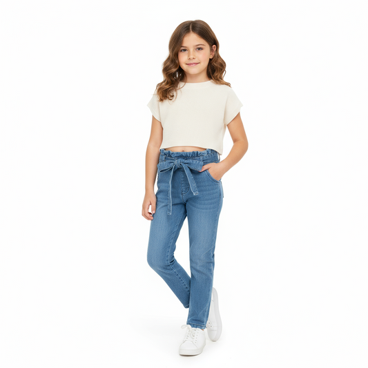 Pantalon Jean fille taille haute Mom cintré avec ceinture