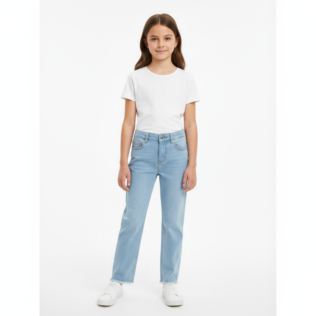 Pantalon Jeans fille droit à ourlet effiloché