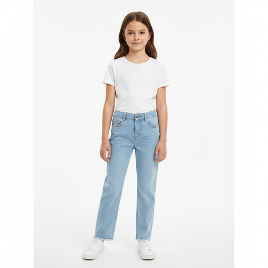 Pantalon Jeans fille droit à ourlet effiloché
