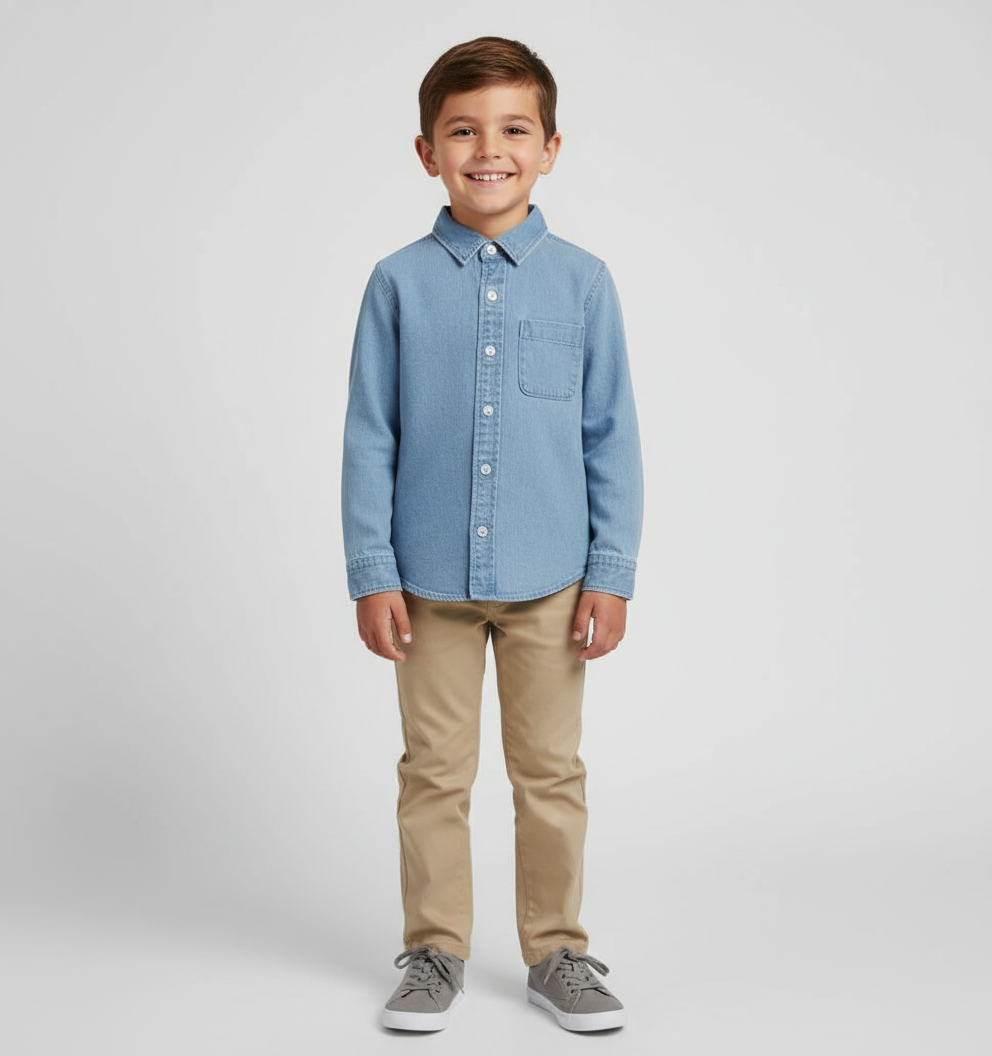 Chemise garçon en Denim avec des manches langues et une poche au niveau de poitrine