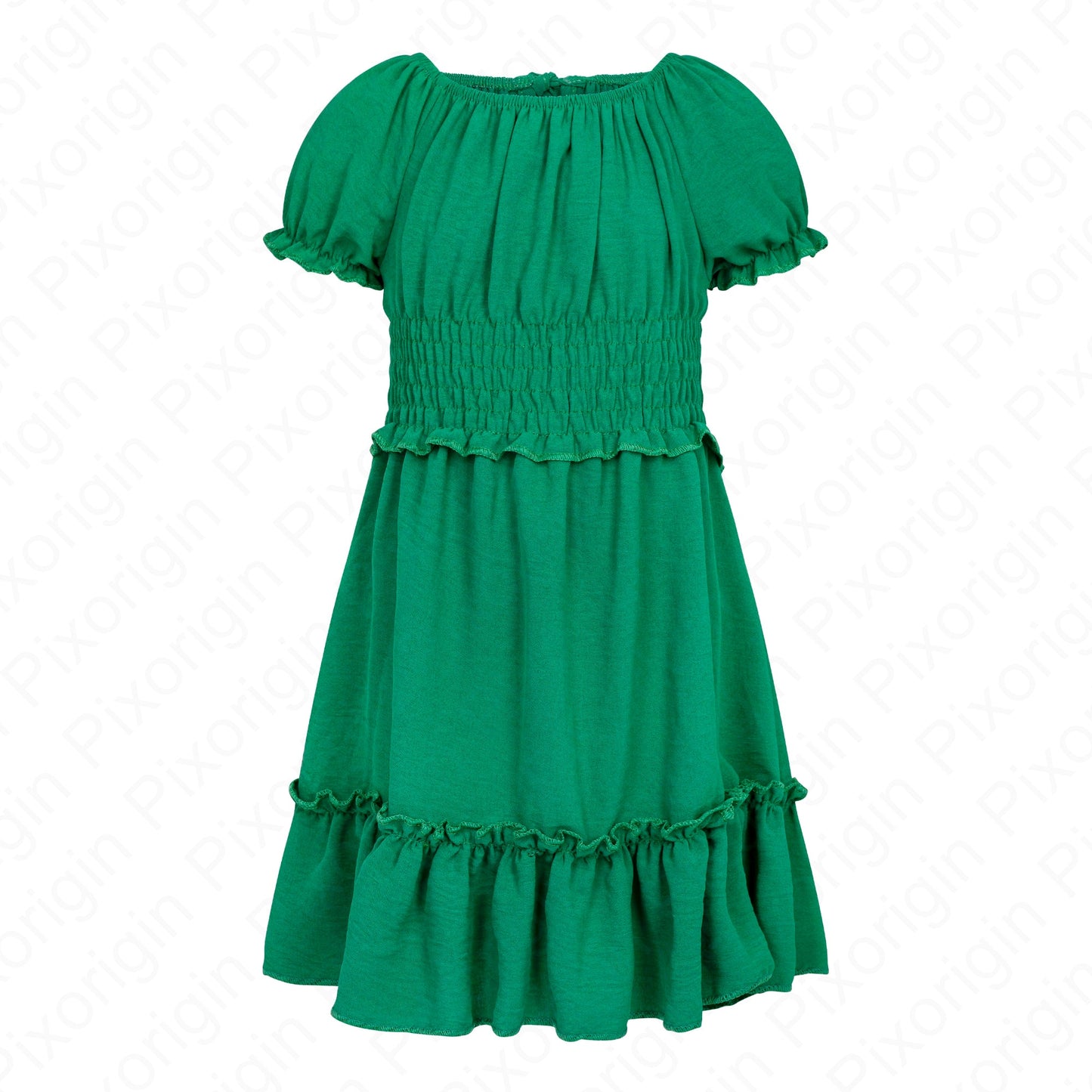 Robe verte mi-longue à manches courtes avec frances à volants pour fille