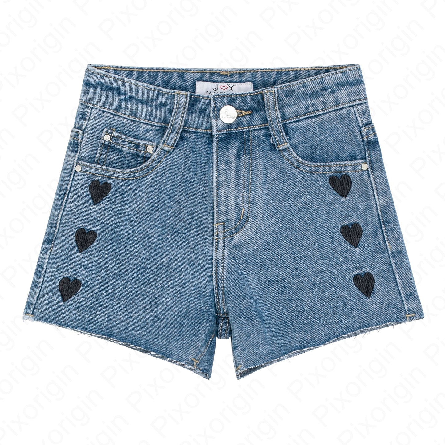 Short en jean fille  délavé taille haute à motif cœur