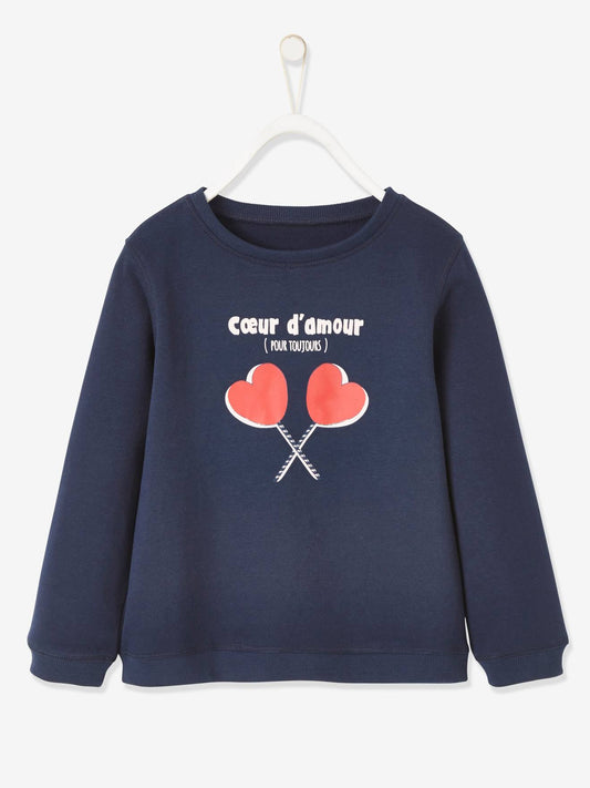 Sweat-shirt fille unicolore avec print cœur